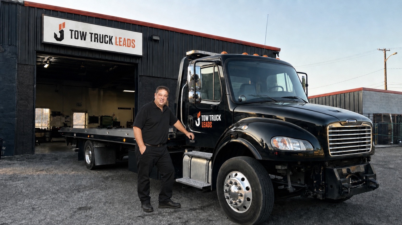 Concepto de marca de TowTruckLeads con Roger Markowitz junto a una grúa de plataforma negra frente a un taller con la marca