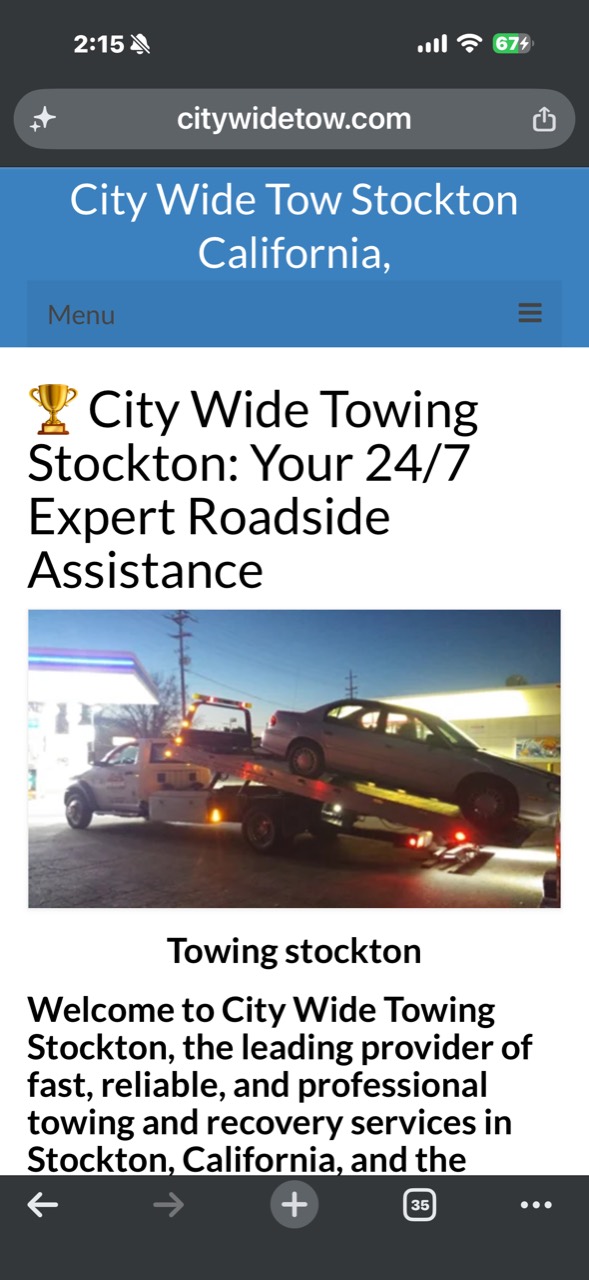 Actual City Wide mobile website showing an oversized heading, large tow-truck photo, and no visible phone action