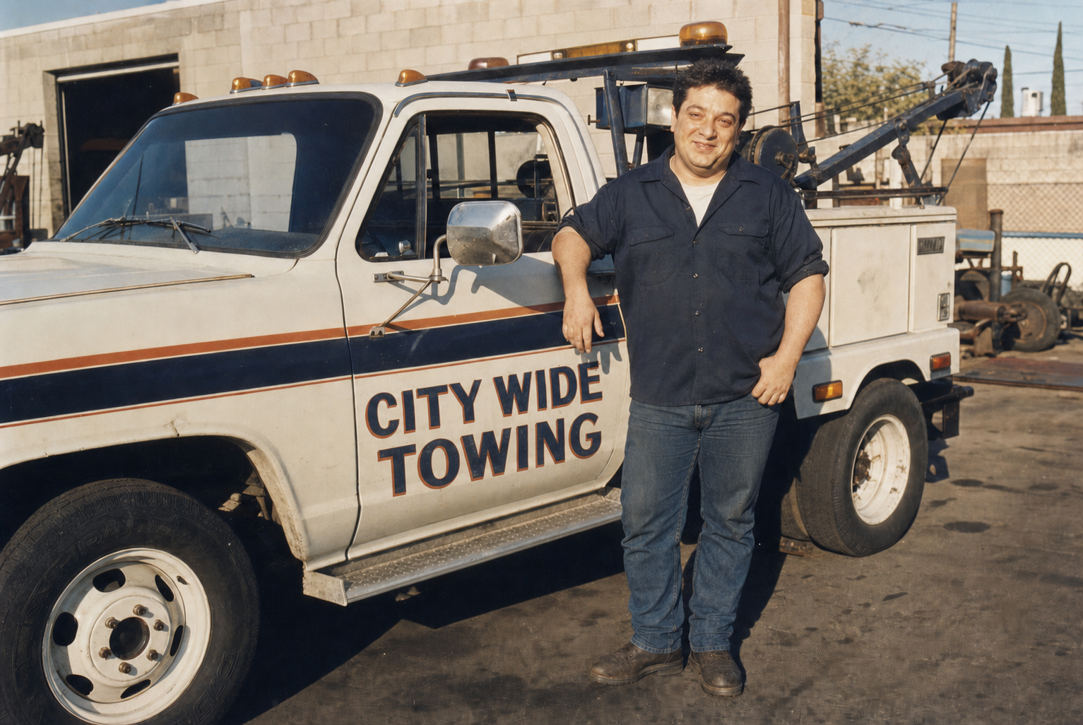 A playful City Wide throwback portrait with Roger Markowitz beside a period tow truck