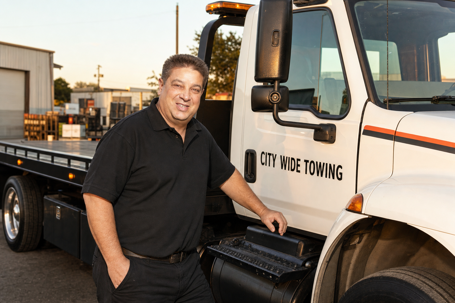 Roger Markowitz beside a modern City Wide rollback tow truck